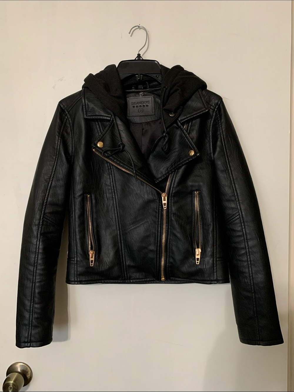 Blank NYC Black Faux Leather Moto Jacket with Hooded Knit Insert